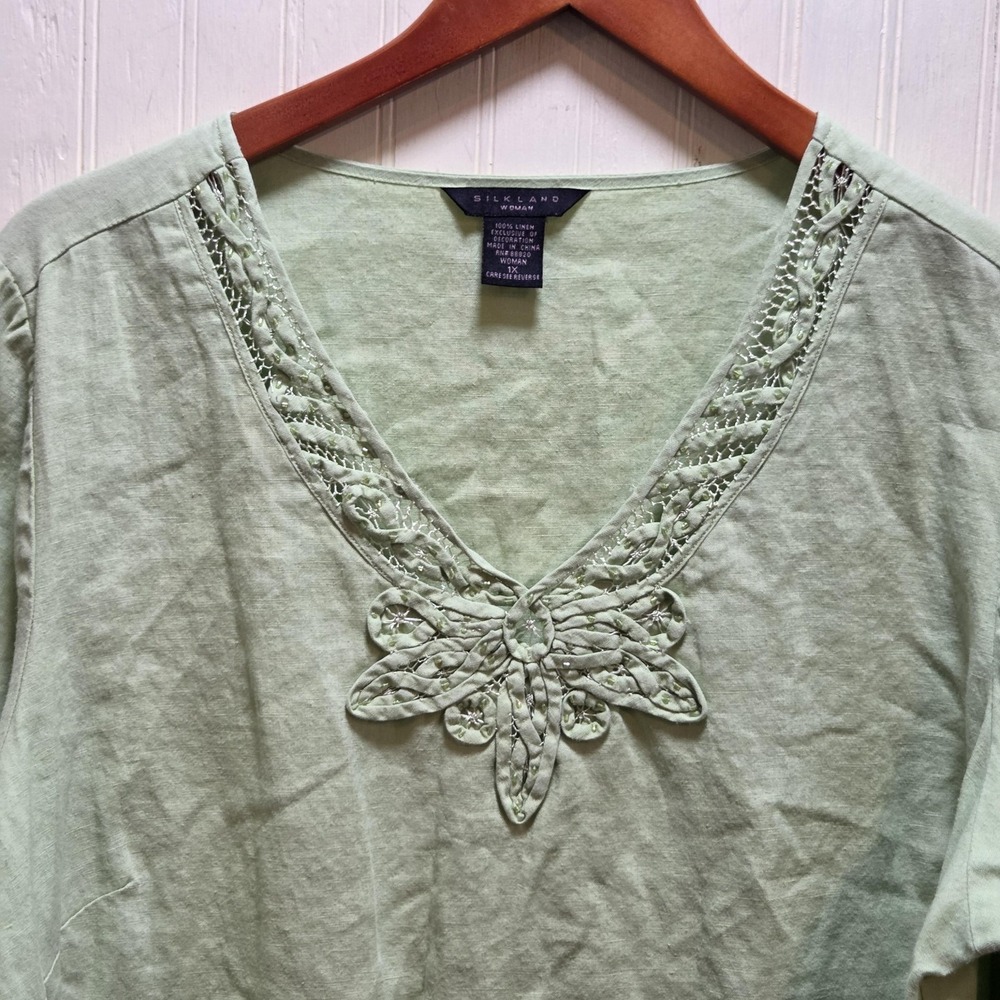 Silkland‎ Blouse Womens Plus 1X Green V Neck 3/4 Sleeve Linen Tunic Top